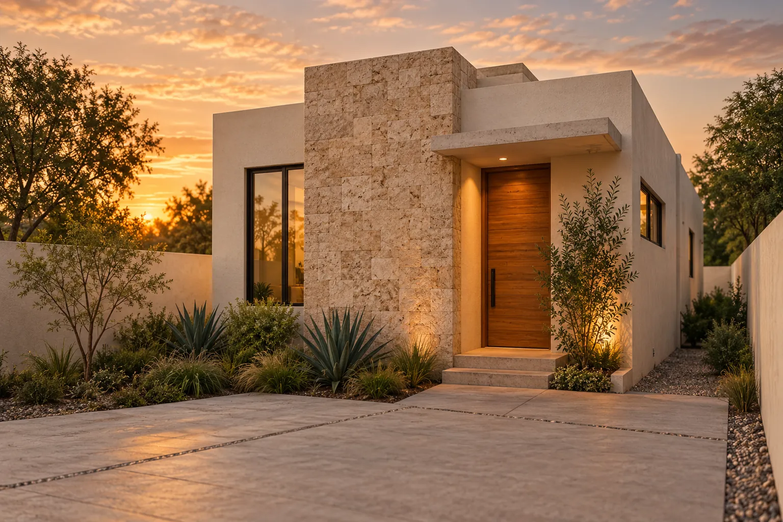 Visualización arquitectónica de una casa de una planta, con piedra y luz cálida